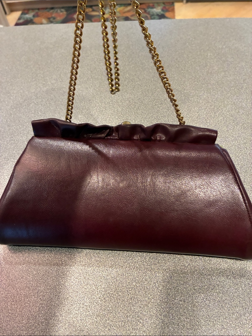 Vintage Burgundy Leather Clutch with Gold Chain
